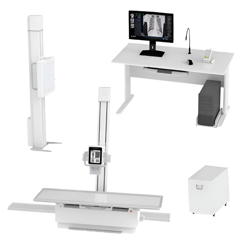 Equipo de Rayos X digitales de alta frecuencia Beracah Medica modelo SLA-100, vista de la pantalla y componentes del sistema.
