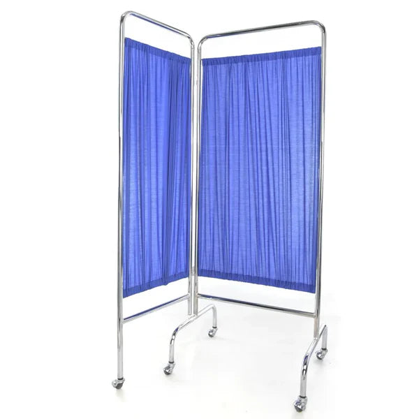 Biombo doble cromado con ruedas de dos cortinas de Beracah Medica, estructura metálica y diseño moderno para privacidad.