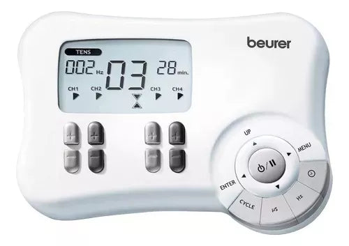Electroestimulador digital TENS/EMS de 4 canales de Beracah Medica con pantalla y controles para terapia de alivio del dolor.