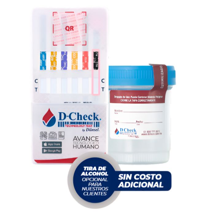 Tarjeta D-Check para detección de drogas AMP, COC, OPI, THC, MET con vaso, caja con 25 unidades, marca Beracah Medica.