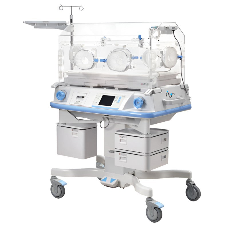 Incubadora térmica neonatal Beracah Medica NK-2B con elevación electrónica y pantalla LCD para cuidados intensivos.
