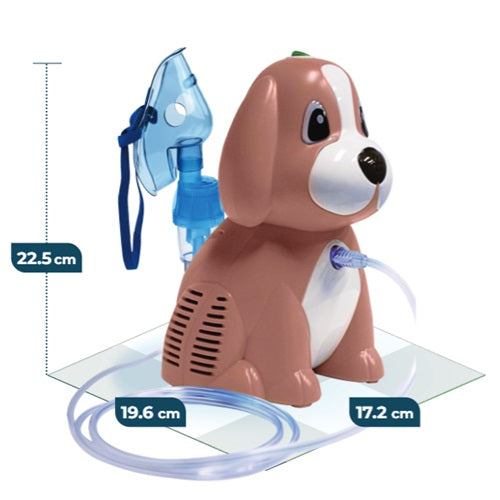 Nebulizador de compresor compacto Beracah Medica modelo Puppy, con boquilla y accesorios para terapia respiratoria.