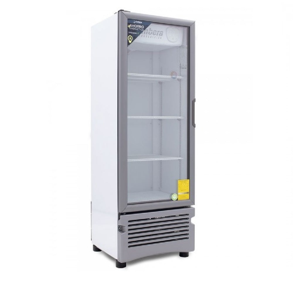 Refrigerador vertical de 1 puerta con puerta de cristal de 12 pies, marca Beracah Medica, en color plateado.