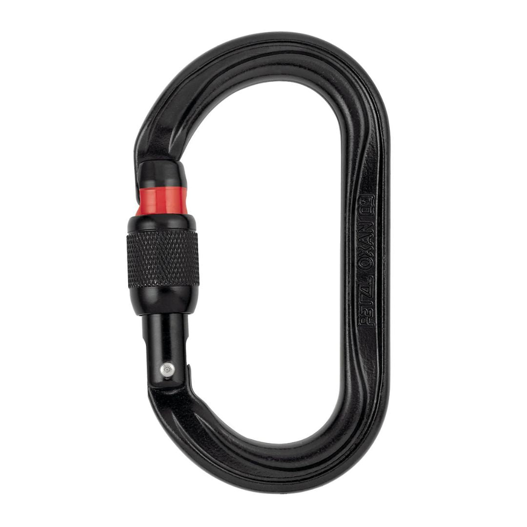 Mosquetón oval de alta resistencia OXAN Screw-Lock en color negro, para rescate, de la marca Beracah Medica.