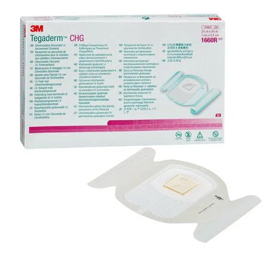 Aposito con cojín Tegaderm CHG de 7x8.5 cm, gasas para heridas de Beracah Medica, caja con 25 piezas.