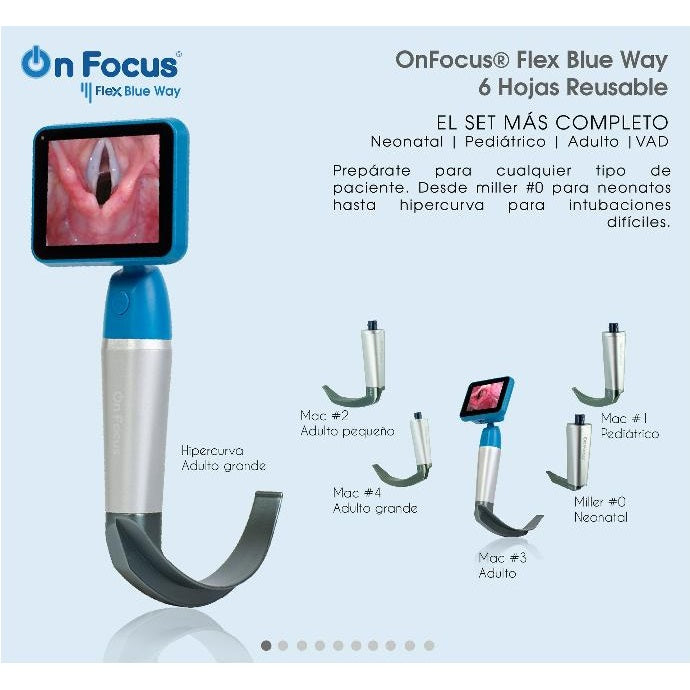 Videolaringoscopio portátil Beracah Medica Flex Blue Way con 6 hojas reusables, muestra la pantalla y el mango del dispositivo.
