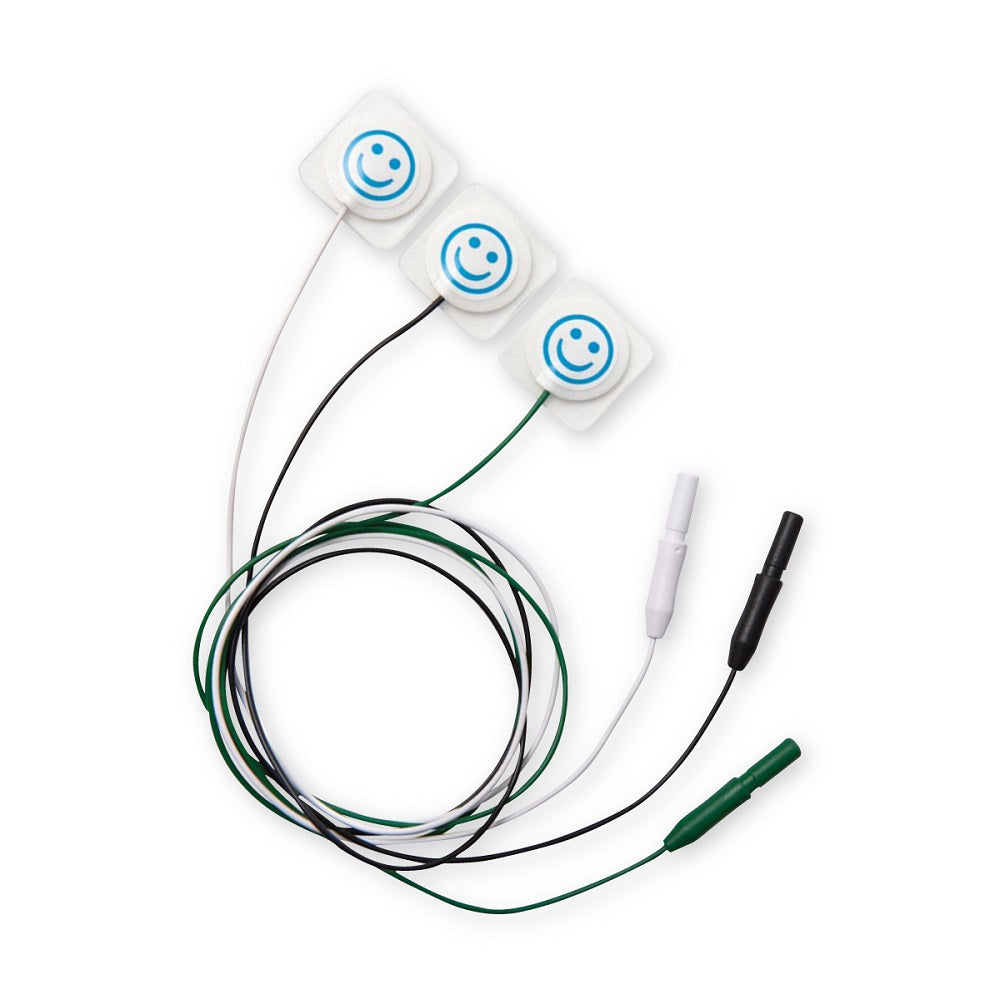 Electrodo neonatal radiolucido para ECG de la marca Beracah Medica, conjunto de 3 piezas, con cables y conexiones visibles.