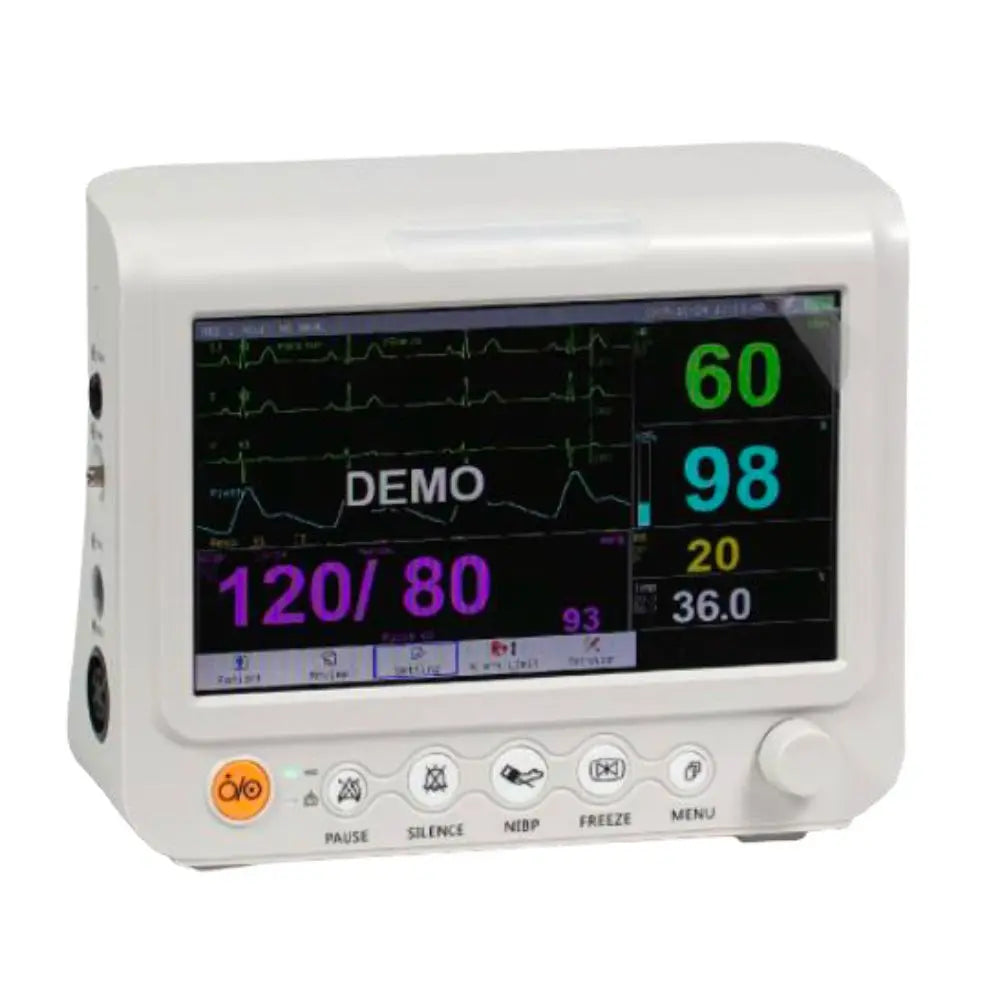 Monitor para paciente Beracah Medica Balam IV de 7 pulgadas con ECG, SPO2, temperatura y NIBP, pantalla y sensores visibles.