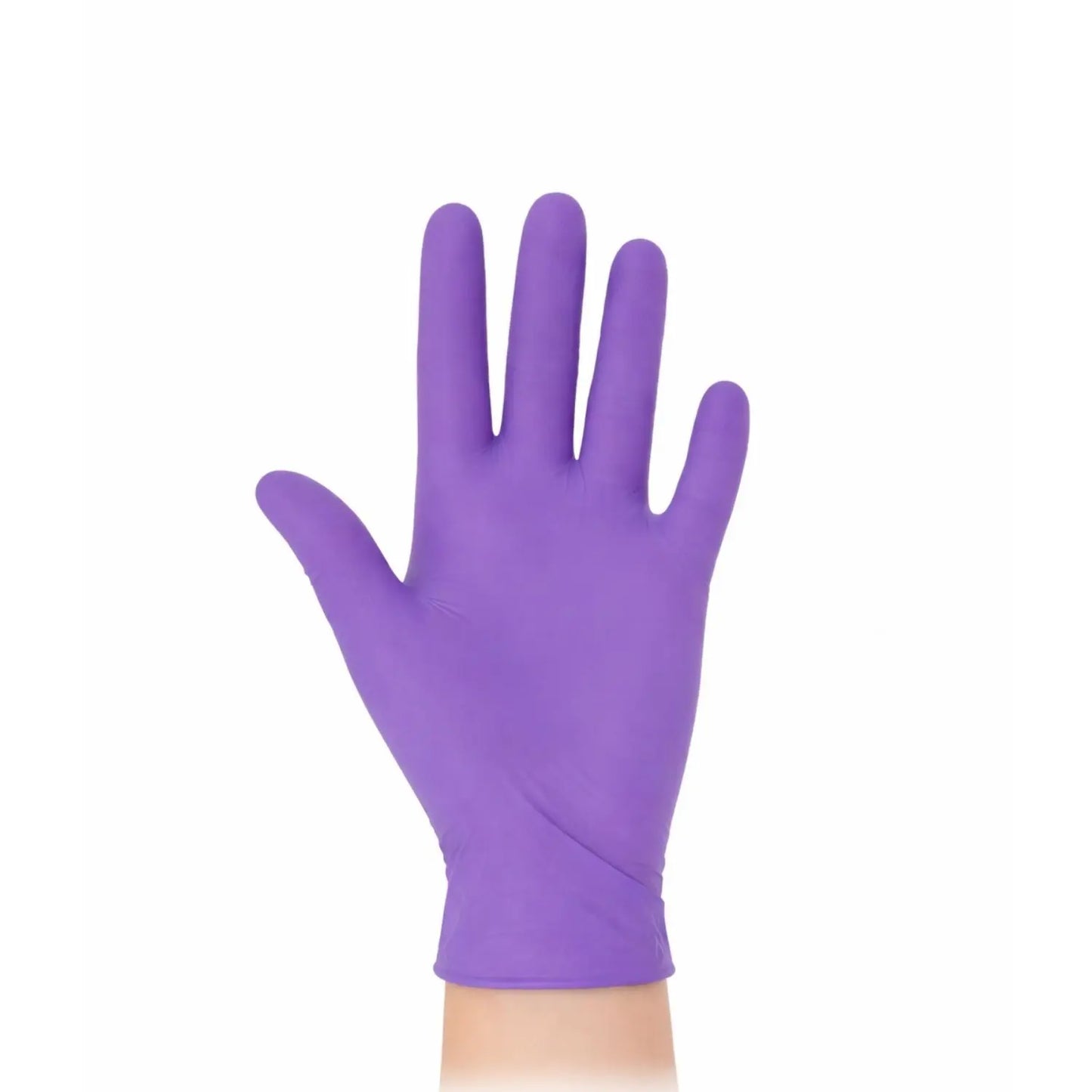 Guantes de examen de nitrilo morados de tamaño XS en caja con 250 piezas, marca Beracah Medica, para protección y higiene.