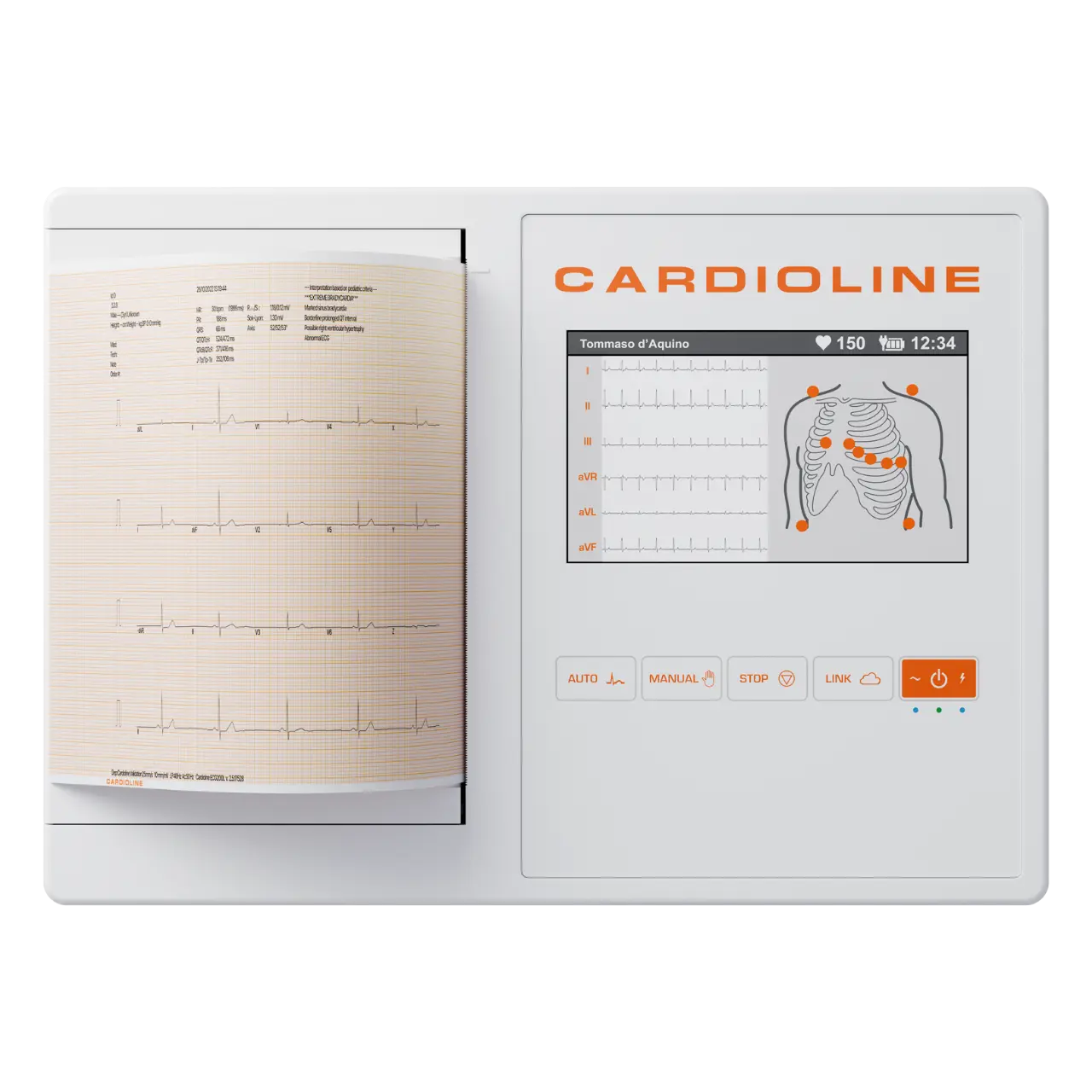 Electrocardiógrafo de 12 canales Beracah Medica modelo 200L con pantalla y cables para monitoreo cardíaco.