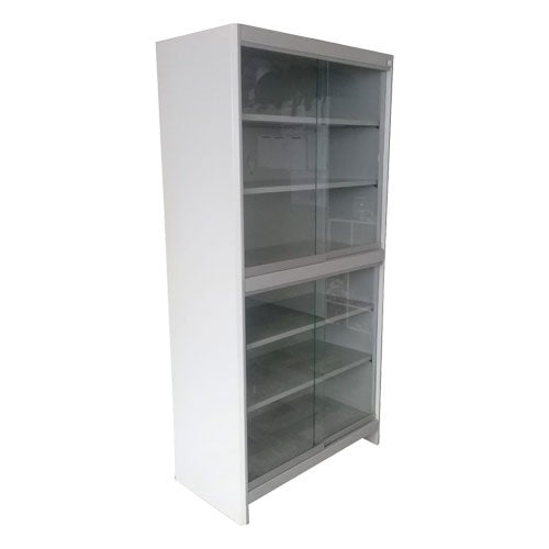 Vitrina sencilla Cristal Plus de MSI de Beracah Medica con puertas de cristal y estructura metálica blanca.