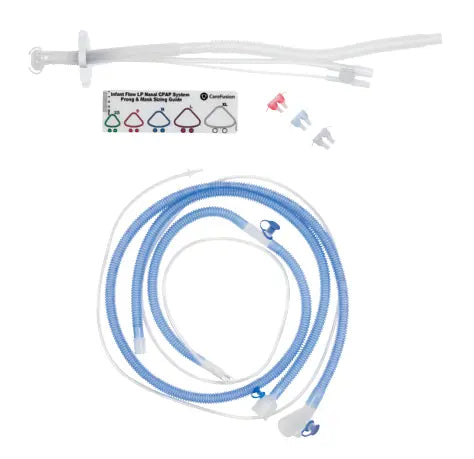 Circuito con generador para Infant Flow punta nasal chica de Beracah Medica, componentes visibles para ventilador neonatal.