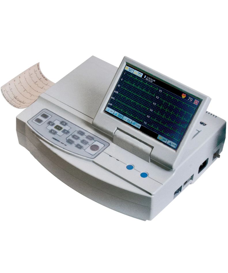 Electrocardiografo veterinario Beracah Medica CARDIPIA 400H VET con pantalla LCD a color de 7 pulgadas y cables conectados