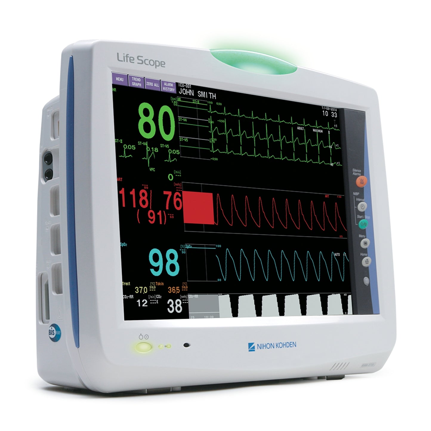 Monitor para paciente Beracah Medica de 15 pulgadas con 5 parámetros, mostrando pantalla y cables conectados.