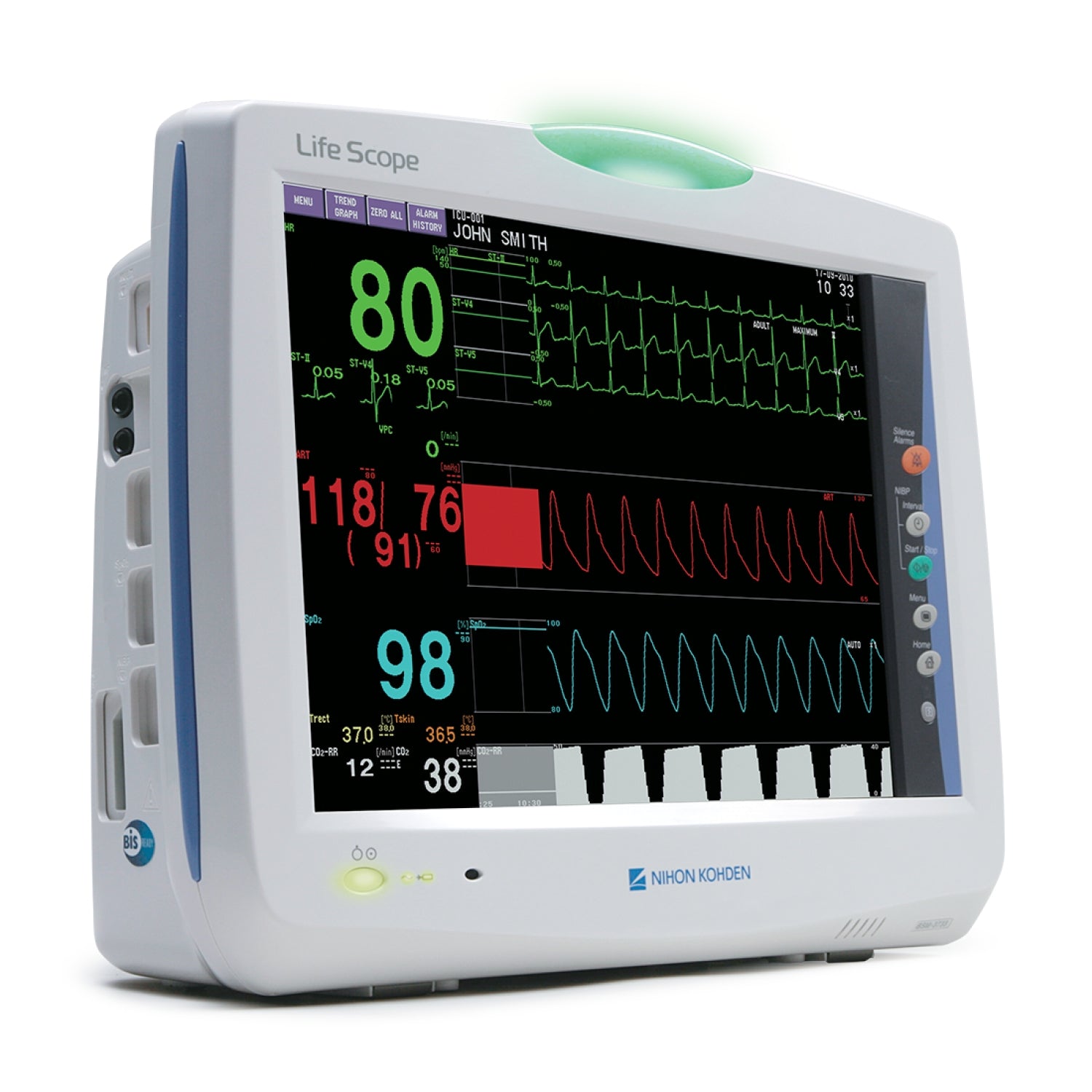 Monitor para paciente Beracah Medica de 15 pulgadas con 5 parámetros, mostrando pantalla y cables conectados.