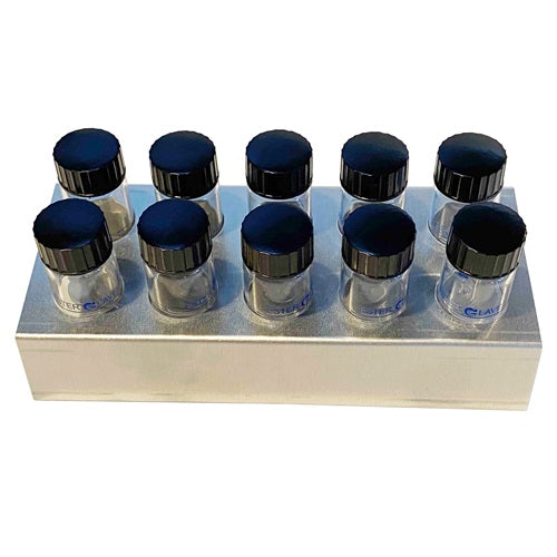 Gradilla de aluminio para esterclave con 10 frascos, accesorios y refacciones para autoclaves de la marca Beracah Medica.