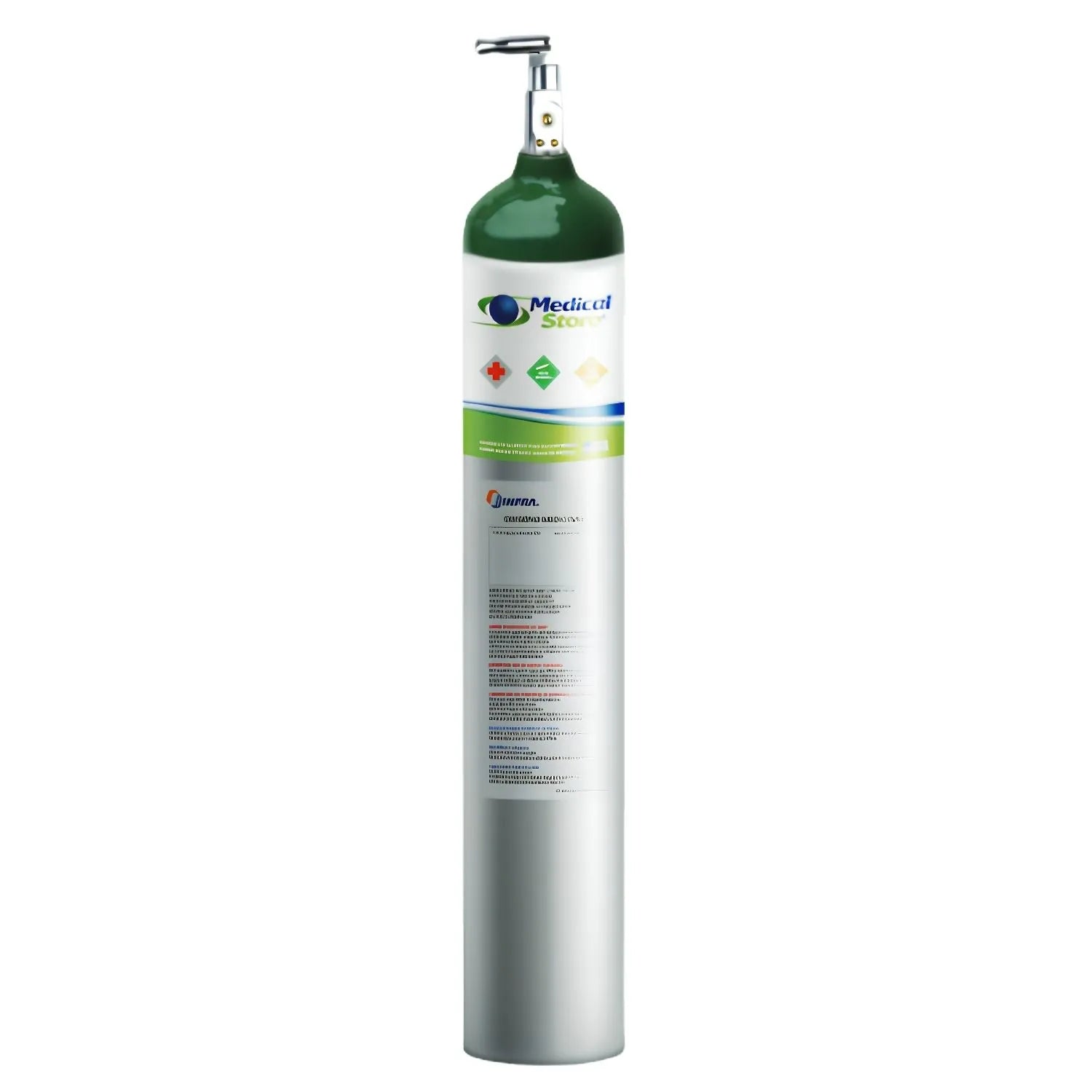 Cilindro vacío de 680 litros modelo E de Beracah Médica, para oxígeno, en color metálico y con válvula de seguridad visible.