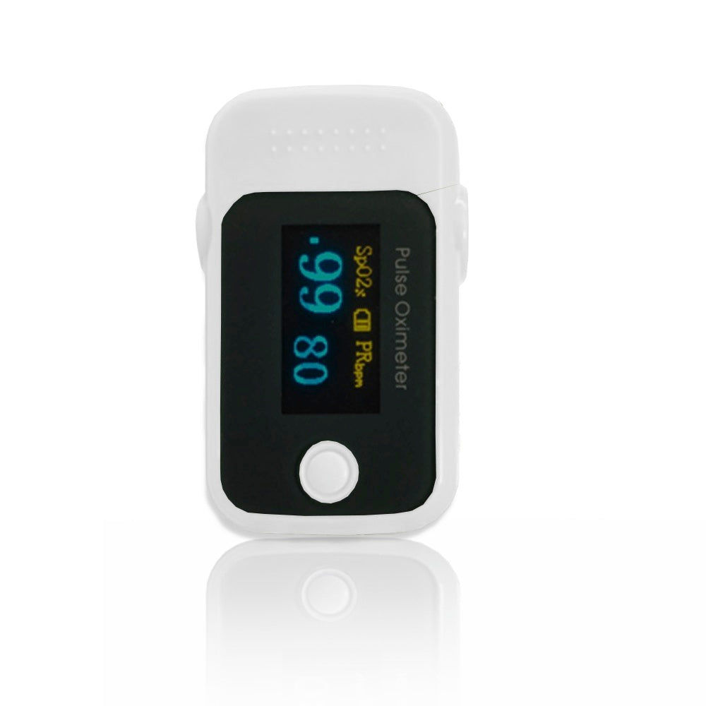 Oxímetro de pulso Medilogic P2+ blanco de dedo, dispositivo médico compacto y portátil para medición de oxígeno en sangre.