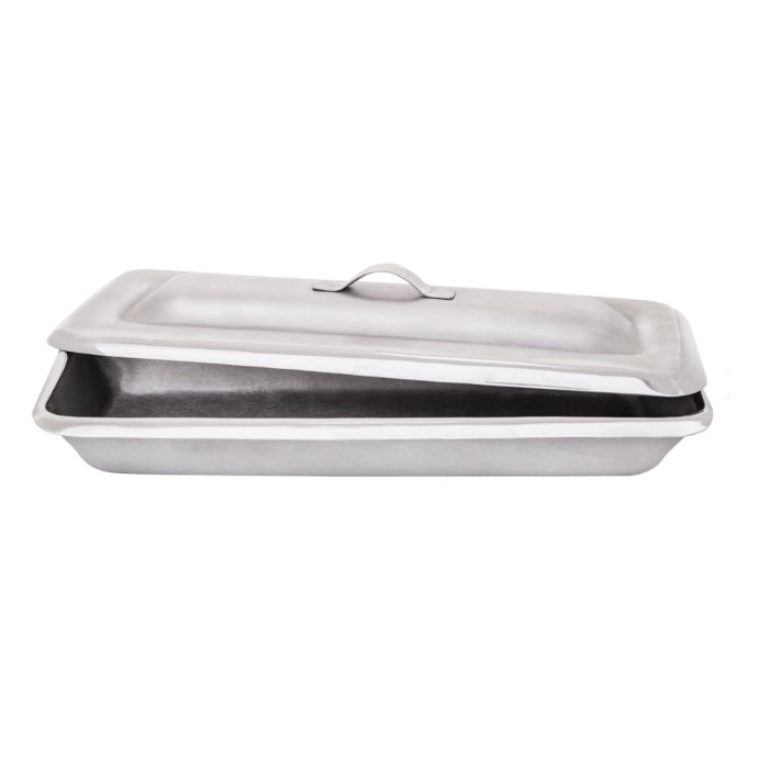 Charola budinera para instrumental con tapa, tamaño 22x8x3 cm, en plástico resistente, marca Beracah Medica.