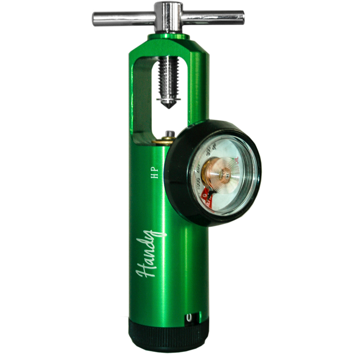 Regulador de oxígeno verde CGA870 de Beracah Médica, flujómetro y regulador de oxígeno para uso médico, con válvula y manómetro visible.
