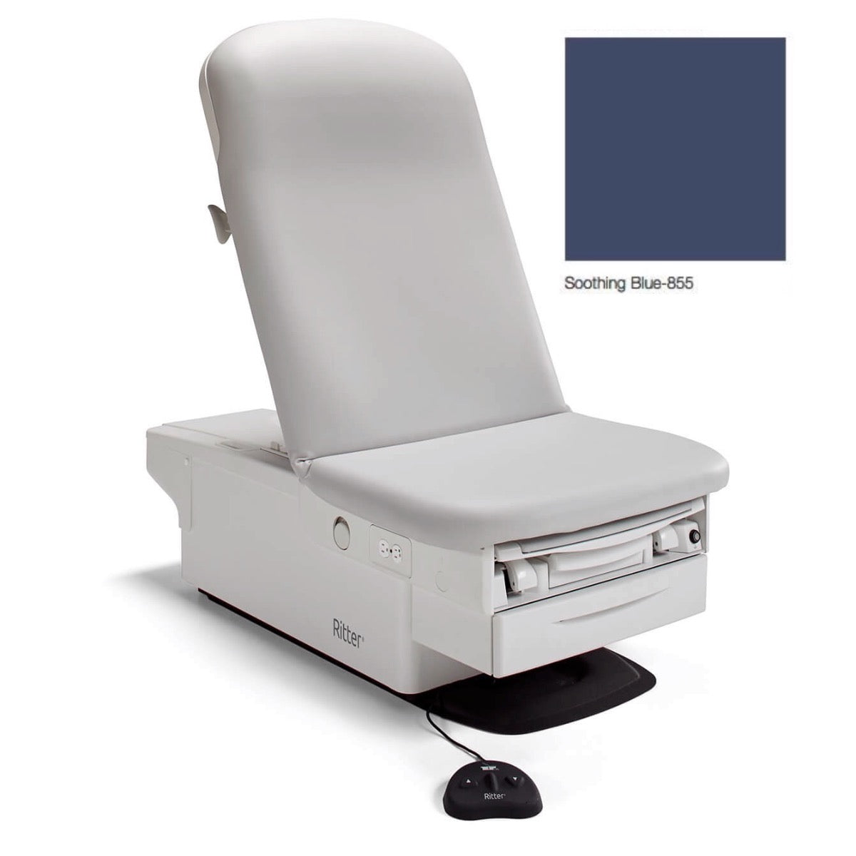 Mesa de exploración eléctrica Ritter SOOTHING BLUE de Beracah Medica, superficie acolchada en azul para atención médica