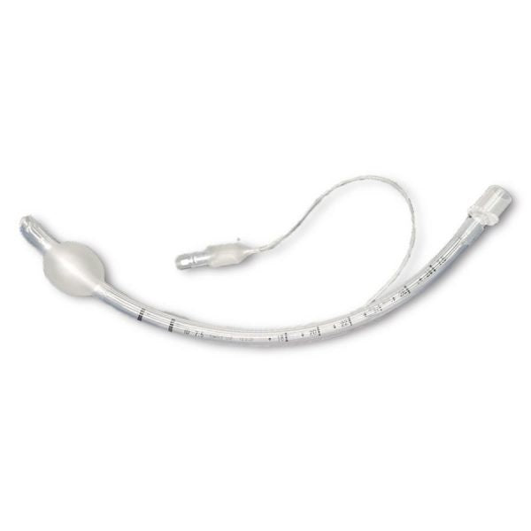 Tubo endotraqueal con globo de tamaño 9 de la marca Beracah Medica, mostrado en imagen, con balón y tubo de plástico.
