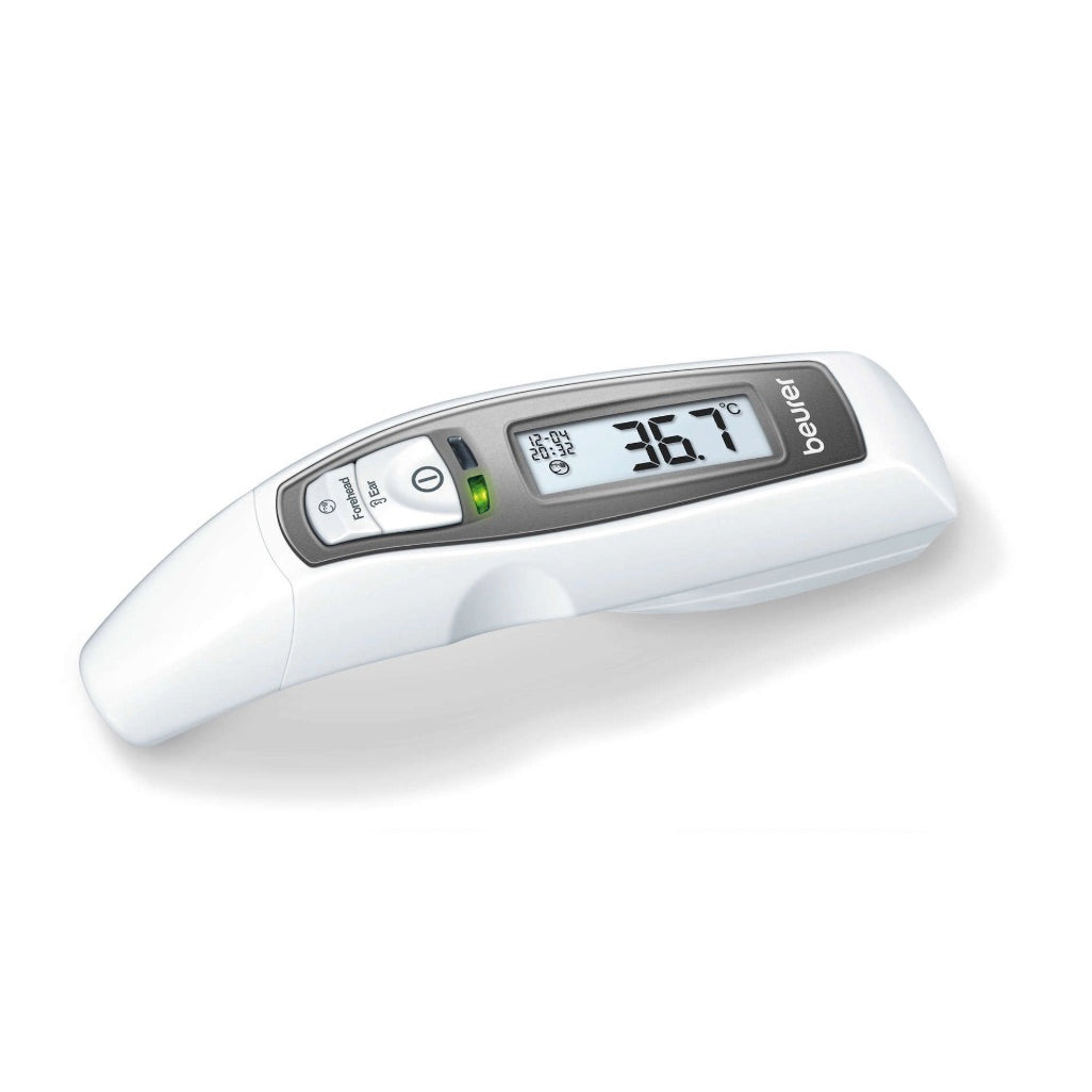 Termómetro infrarrojo digital 7 en 1 de Beracah Medica, muestra medición de temperatura en frente, oído, ambiente y líquidos.