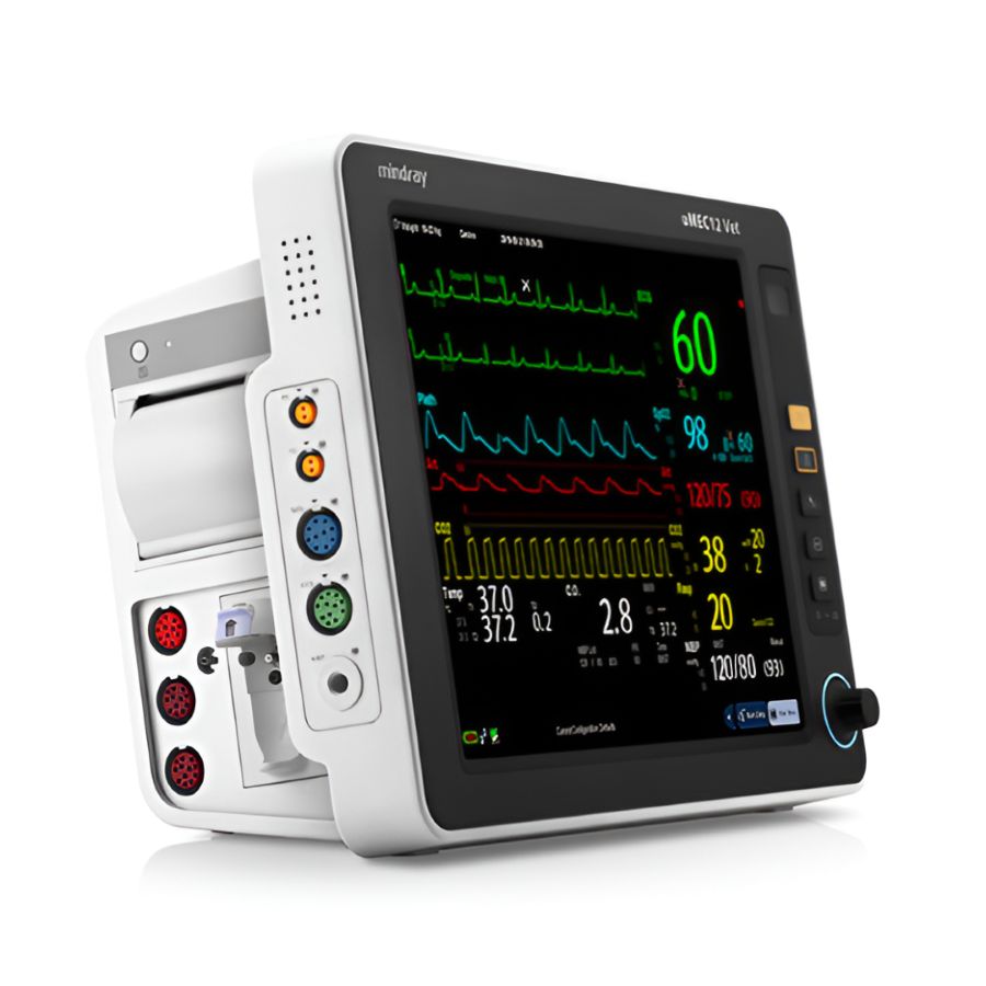 Monitor de signos vitales veterinario Beracah Medica uMEC 12 con capnografía y presión sanguínea invasiva, pantalla y cables.