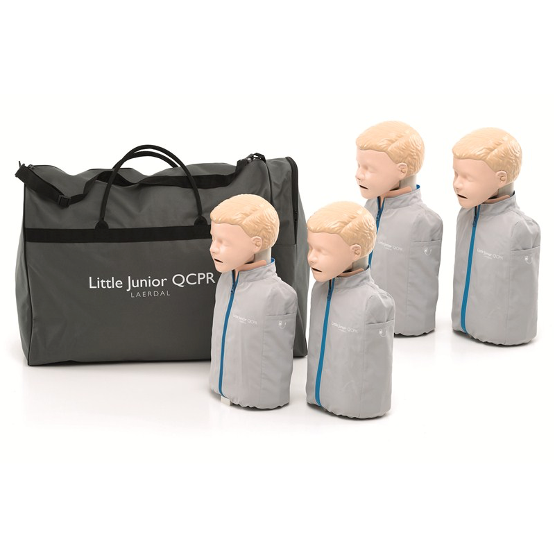 Maniquíes para RCP Little Jr. QCPR de Beracah Medica, paquete de cuatro, con detalles de entrenamiento en simulación.