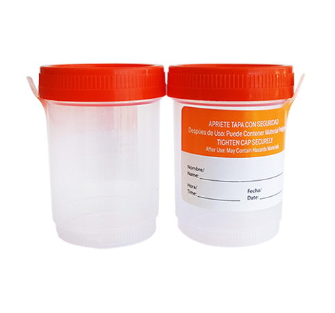 Vaso recolector de orina estéril de 120 ml con tapa naranja, paquete de 400 vasos de la marca Beracah Medica.
