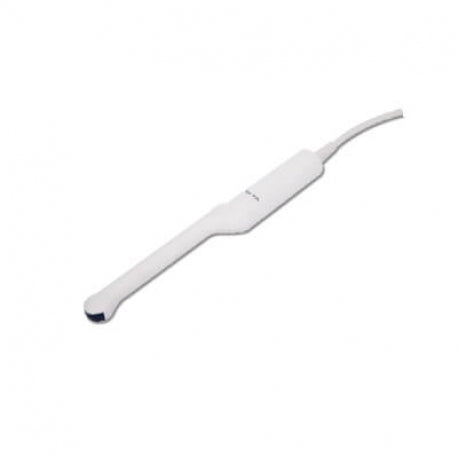 Transductor endocavitario volumétrico vaginal Beracah Medica para ultrasonidos Vinno, muestra el sensor y cables en color blanco y azul