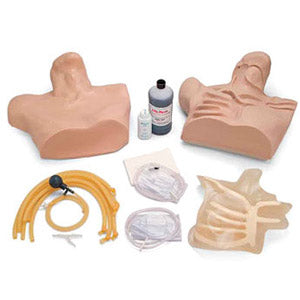 Simulador de canalización venosa central de Beracah Medica para entrenamiento en cuidados de enfermería, muestra accesorios y modelo anatómico.