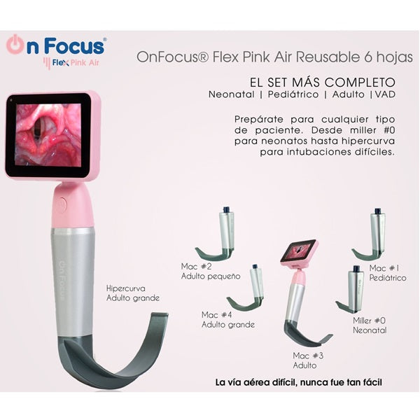 Videolaringoscopio portátil Beracah Medica Flex Pink Air HD con 6 hojas reutilizables, pantalla y controles visibles.