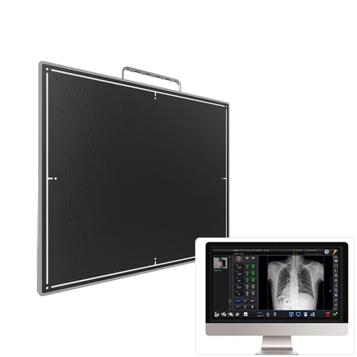 Panel plano inalámbrico de radiografía digital Beracah Medica modelo 1500CWE 14x17, visible en la imagen en tamaño grande y detalles.