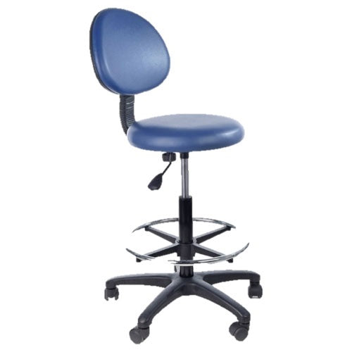 Banco alto giratorio acojinado con respaldo Beracah Medica, asiento redondo y acolchado, con base giratoria y respaldo cómodo.