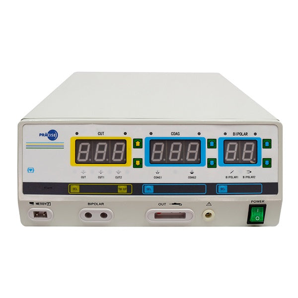 Unidad de electrocirugía de alta frecuencia Beracah Medica PRZ-300 de 300W, con controles y cable conectado para cirugías.