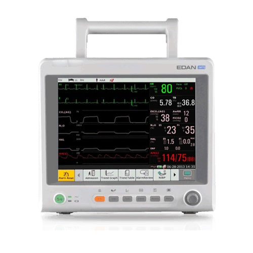 Monitor de signos vitales MSI Beracah Médica de 12.1" con pantalla táctil para pacientes, muestra cinco parámetros médicos.