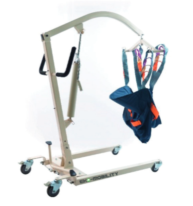 Grúa hidráulica con arnés de Beracah Médica para equipo y mobiliario médico, visible en la imagen con estructura robusta y arnés.