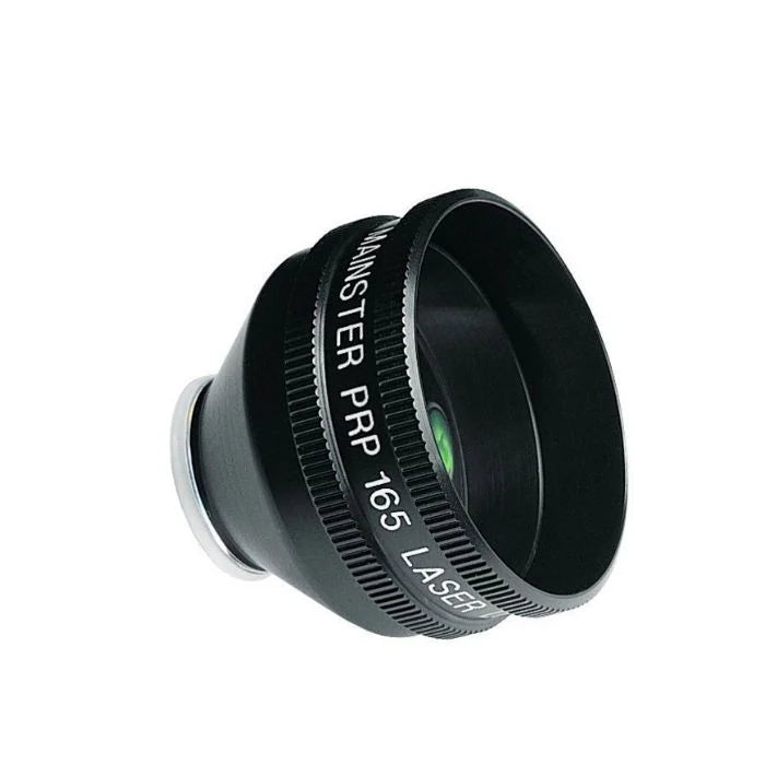 Lente laser ocular Mainster mod. PRP 165 de Beracah Medica, accesorio para oftalmoscopios, muestra la lente en un soporte.