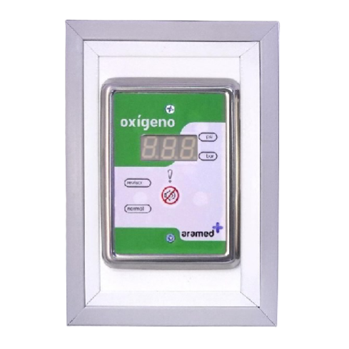 Alarma digital sencilla de oxígeno para sobreponer con transductor, marca Beracah Medica, muestra la pantalla y el sensor.