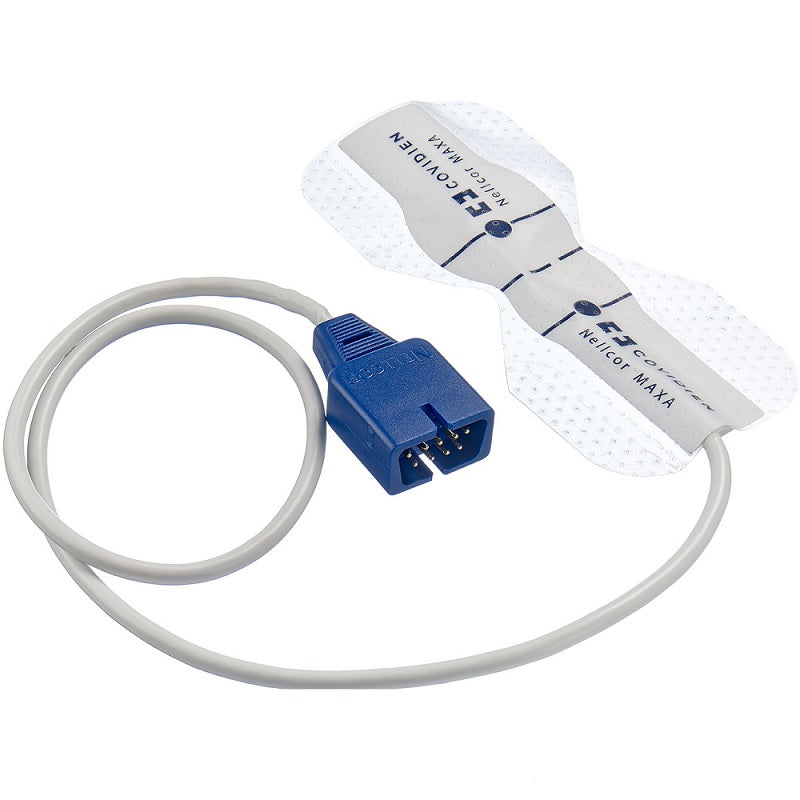 Sensor de SPO2 MAX-A para adulto con adhesivo, caja con 24 unidades, sensores y cables para oxímetros de marca Beracah Medica.