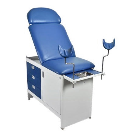 Mesa de exploración ginecológica estándar Plus MSI de Beracah Médica con pierneras y superficie acolchada para comodidad.