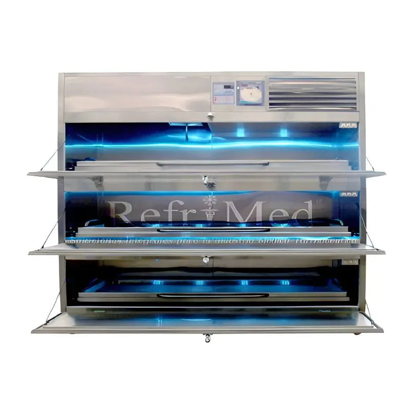 Refrigerador horizontal para cadáveres de 3 gavetas, Beracah Médica, con puertas abiertas mostrando interior para almacenamiento forense