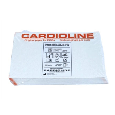 Papel para ECG Beracah Médica, Z de 100mm x 150mm, 180 hojas por paquete, 10 paquetes en la imagen