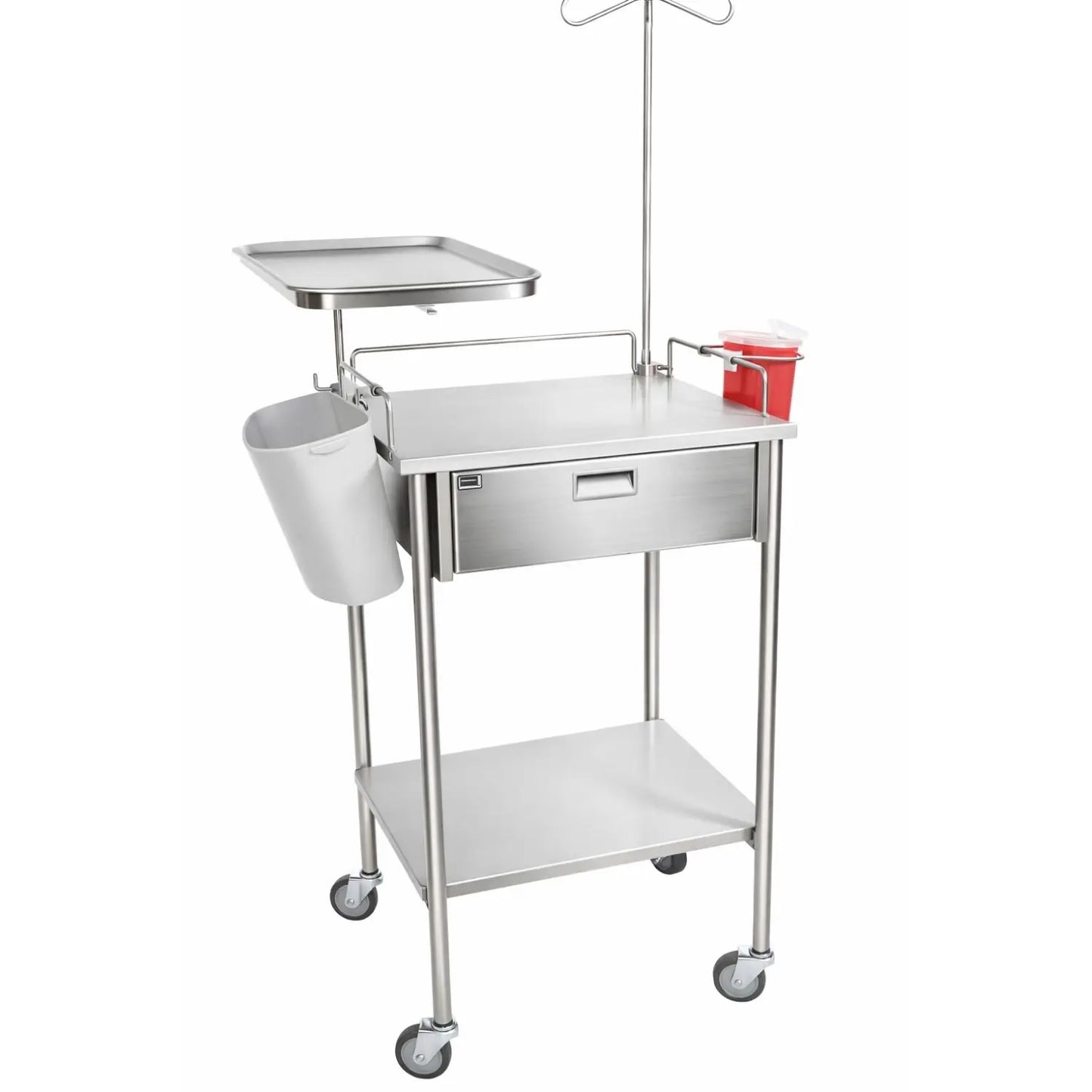 Mesa pasteur integradora inox con cajón, charola mayo, bote, contenedor 1L y extensión portavenoclisis de Beracah Medica.