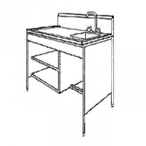 Mesa alta MSI de 150 cm con respaldo y fregadero izquierdo en acero inoxidable, ideal para entornos médicos.