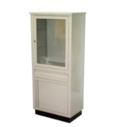 Vitrina modelo Futuro de MSI, de Beracah Medica, con puertas de vidrio y estantes internos para exhibición y almacenamiento.