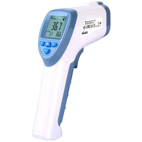 Termómetro infrarrojo sin contacto para uso humano de la marca Beracah Medica, mostrando pantalla digital y sensor en la frente.