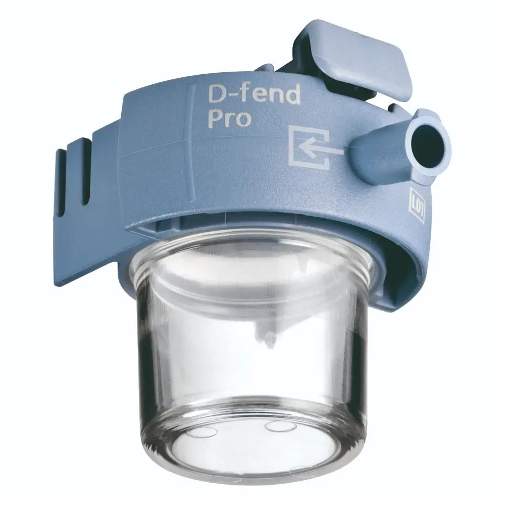 Trampa de agua D-Fend Pro azul oscuro metalizado de Beracah Médica, caja con 10 unidades para anestesia.