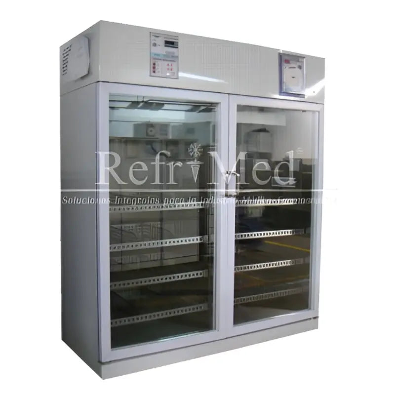 Refrigerador vertical para vacunas y productos biológicos de acero inoxidable, 45 ft³, con puertas de cristal y graficador.